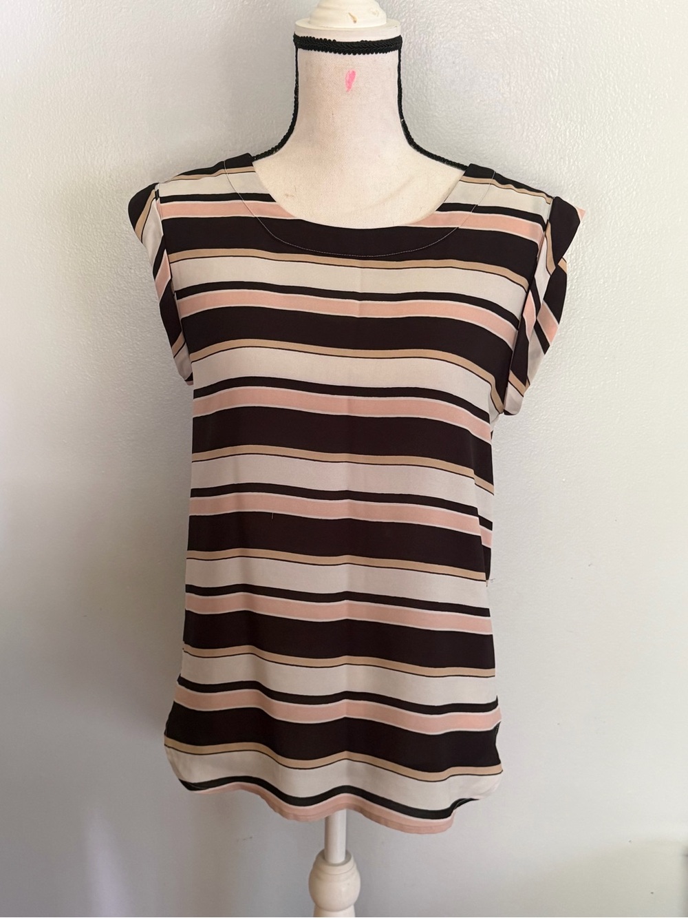 Ann Taylor Factory Black and Pink Striped Cap-Sleeve Blouse